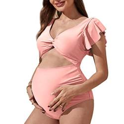 Harssidanzar Bademode Für Frauen Schwangerschaft,Sommer Einteiliger Badeanzug mit hoher Taille Badeanzug Puffle Trim Twist Front Ausschnitt KL301EU,Rosa, Größe XL von Harssidanzar