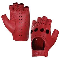 Harssidanzar Damen Halbfinger Lederhandschuhe für fahren Fingerlose Lammfell ungefüttert Handschuhe GL012,rot, größe L von Harssidanzar