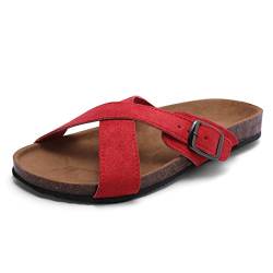 Harssidanzar Damen Sandalen,Sommer Open Toe Fußbett Komfort Wildleder Kork Slides Schnalle Verstellbare Sandalen KL219EU,Rot, größe 39 von Harssidanzar