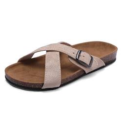 Harssidanzar Damen Slides Sandalen, Sommer Open Toe Fußbett Komfort Wildleder Kork Slides Schnalle Verstellbare Sandalen KL219EU,Beige,Größe 38 von Harssidanzar