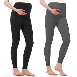 Harssidanzar Damen Umstandshose OverBelly Schwangerschaft Legging Umstandsmode Yoga-Umstandsleggings Sommer Umstandshosen Für Frauen SL102EU,Pack of 2,Schwarz/Grau,Größe L von Harssidanzar