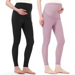 Harssidanzar Damen Umstandshose OverBelly Schwangerschaft Legging Umstandsmode Yoga-Umstandsleggings Sommer Umstandshosen Für Frauen SL102EU,Pack of 2,Schwarz/Rosa,Größe XL von Harssidanzar