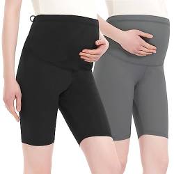 Harssidanzar Damen Umstandsshorts Over The Belly Schwangerschaft Legging Sommer Umstandshosen Für Frauen Umstands Yoga Sportshorts SL101EU,Pack of 2,Schwarz/Grau,Größe XL von Harssidanzar