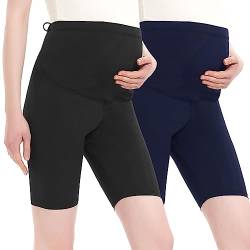 Harssidanzar Damen Umstandsshorts Over The Belly Schwangerschaft Legging Sommer Umstandshosen Für Frauen Umstands Yoga Sportshorts SL101EU,Pack of 2,Schwarz/Marineblau,Größe L von Harssidanzar