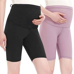 Harssidanzar Damen Umstandsshorts Over The Belly Schwangerschaft Legging Sommer Umstandshosen Für Frauen Umstands Yoga Sportshorts SL101EU,Pack of 2,Schwarz/Rosa,Größe L von Harssidanzar