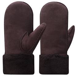 Harssidanzar Damen Winter Fäustlinge,Schaffell Lammfell beheizte warme pelzige Stulpenhandschuhe Lederhandschuhe KL024EU,Braun,Größe S von Harssidanzar