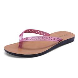 Harssidanzar Damen Zehentrenner Flip Flops,Sommermode weiches Leder zum Hineinschlüpfen leichte bequeme Strand Zapfen Sandalen im Freien KL216EU,Metallisches Rosa,Größe 36 von Harssidanzar