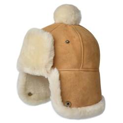 Harssidanzar Herren Damen Wintermütze Hut Schaffel Shearling Leder Warme Fliegermütze Aviatormütze Trapper Hut CU607EU, Kamel, Größe L von Harssidanzar