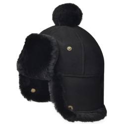 Harssidanzar Herren Damen Wintermütze Hut Schaffel Shearling Leder Warme Fliegermütze Aviatormütze Trapper Hut CU607EU, Schwarz, Größe S von Harssidanzar