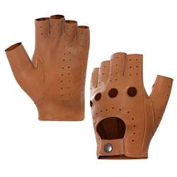 Harssidanzar Herren Fingerless Half Finger Leder Fahrhandschuhe Lammfell Ungefüttert Upgrade GM032EU,Bräunen, Größe S von Harssidanzar