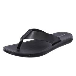 Harssidanzar Herren Flip Flops Sandalen,Sommer Tanga Bequeme Fußgewölbestütze Weiches Mikrofaser-Leder-Fußbett Strandschuhe KM215, Schwarz,Größe 41 von Harssidanzar