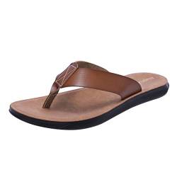 Harssidanzar Herren Flip Flops Zehentrenner, Sommer Tanga Bequeme Fußgewölbestütze Weiches Mikrofaser Leder Fußbett Strandschuhe KM215,Khaki, Größe 44 von Harssidanzar