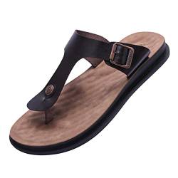 Harssidanzar Herren Leder Flip Flops, Fußgewölbestütze orthopädisches Fußbett mit weichem Kissen bequem flach Indoor Outdoor Strand Zehentrenner für Herren KM217,Braun, Größe 47 von Harssidanzar