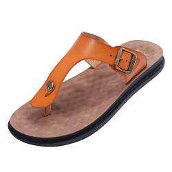 Harssidanzar Herren Leder Flip Flops,Fußgewölbestütze orthopädisches Fußbett mit weichem Kissen bequem flach Indoor Outdoor Strand Zehentrenner für Herren KM217,Bräunen, Größe 47 von Harssidanzar