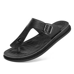 Harssidanzar Herren Leder Flip Flops,Fußgewölbestütze orthopädisches Fußbett mit weichem Kissen bequem flach Indoor Outdoor Strand Zehentrenner für Herren KM217,Schlangeschwarz,Größe 42 von Harssidanzar