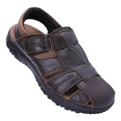 Harssidanzar Herren Leder Sandalen,Sommer echtes Leder geschlossene Zehe Fischer Outdoor Wandern Sportschuhe Breite verstellbare wasserdichte Bogenstütze KM226EU,Satte, Größe 45 von Harssidanzar