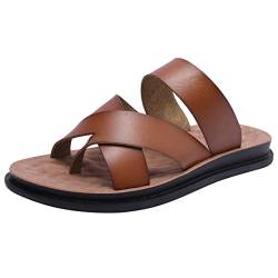 Harssidanzar Herren Leder Zehentrenner,Slip On Cross Straps Slide Sandalen Toe Ring Stil für Mann KM221EU,Khaki, Größe 43 von Harssidanzar