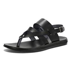 Harssidanzar Herren Leder sandalen, Sommer bequemeverstellbare Knöchelriemen flache Slip On Sandalen für Herren KM218EU,Schwarz, Größe 43 von Harssidanzar