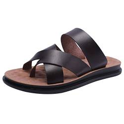 Harssidanzar Herren Männer Sandalen Hausschuhe Cross Straps Slide Slip On Flip Flops für Männer Toe Ring Style KM221EU, Braun,Größe 42 von Harssidanzar