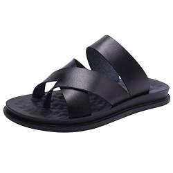 Harssidanzar Herren Männer Sandalen Hausschuhe Cross Straps Slide Slip On Flip Flops für Männer Toe Ring Style KM221EU, Schwarz,Größe 42 von Harssidanzar