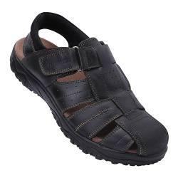 Harssidanzar Herren Sandalen,Sommer echtes Leder geschlossene Zehe Fischer Outdoor Wandern Sportschuhe Breite verstellbare wasserdichte Bogenstütze KM226EU,Schwarz,Größe 44 von Harssidanzar