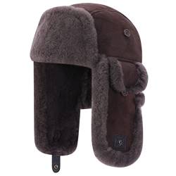 Harssidanzar Lammfell Shearling Wintermütze für Herren und Damen Echtes Leder Trappermütze Fliegermütze Aviatormütze Hut mit Ohrenklappen CU603EU, Braun, Größe XL von Harssidanzar