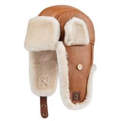 Harssidanzar Lammfell Shearling Wintermütze für Herren und Damen Echtes Leder Trappermütze Fliegermütze Aviatormütze Hut mit Ohrenklappen CU603EU, Cognac, Größe M von Harssidanzar