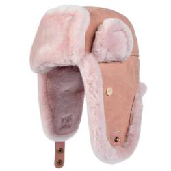 Harssidanzar Lammfell Shearling Wintermütze für Herren und Damen Echtes Leder Trappermütze Fliegermütze Aviatormütze Hut mit Ohrenklappen CU603EU, Rosa, Größe M von Harssidanzar