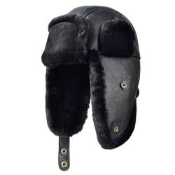 Harssidanzar Lammfell Shearling Wintermütze für Herren und Damen Echtes Leder Trappermütze Fliegermütze Aviatormütze Hut mit Ohrenklappen CU603EU, Vollschwarz, Größe XL von Harssidanzar