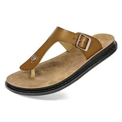 Harssidanzar Leder Flip Flops für Herren, Fußgewölbestütze orthopädisches Fußbett mit weichem Kissen bequem flach Indoor Outdoor Strand Zehentrenner KM217, Khaki, Größe 42 von Harssidanzar