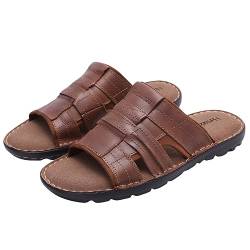 Harssidanzar Slide Sandalen für Männer Leder Bogen Unterstützung Leichte Sommer Herren Sandalen Outdoor Herren Strand Slip auf Sandale KM228EU,Cognac, Größe 45 von Harssidanzar