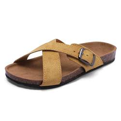 Harssidanzar Sommer Sandalen für Frauen, Open Toe Fußbett Komfort Wildleder Kork Slides Schnalle Verstellbare Sandalen KL219EU,Gelb, Größe 42 von Harssidanzar