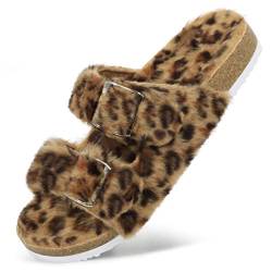 Harvest Land Pantoletten Damen Plüsch Faux Pelz Hausschuhe Kork-Fußbett zwei Verstellbaren Schnallen Open Toe Flats Indoor Outdoor. Leopard Gr.37 von Harvest Land