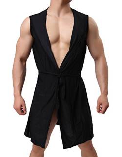 Haseil Herren-Kimono-Bademantel mit Kapuze, ärmellos, vorne offen, Nachtwäsche Pyjama - Schwarz - Large von Haseil