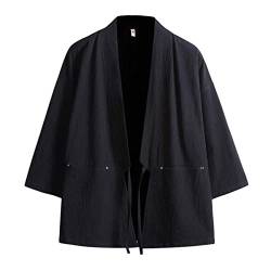 Haseil Herren Kimono Strickjacke Japanische Jacken Casual Baumwolle 3/4 Ärmel Hemd Offener Vordermantel Leicht Leinen Yukata, Schwarz, Small von Haseil