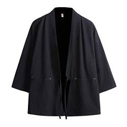 Haseil Herren Kimono Strickjacke Japanische Jacken Casual Baumwolle 3/4 Ärmel Hemd Offener Vordermantel Leicht Leinen Yukata, Schwarz, XL von Haseil