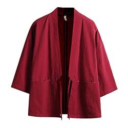 Haseil Herren Kimono Strickjacke Japanische Jacken Casual Baumwolle 3/4 Ärmel Hemd Offener Vordermantel Leicht Leinen Yukata, Weinrot, L von Haseil