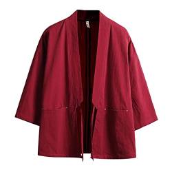 Haseil Herren Kimono Strickjacke Japanische Jacken Casual Baumwolle 3/4 Ärmel Hemd Offener Vordermantel Leicht Leinen Yukata, Weinrot, Mittel von Haseil