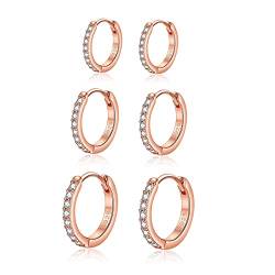 Hasnsofie Creolen Silber Damen Ohrringe, 3 Paare 925 Sterling Silber Creolen Ohrringe Set, Hypoallergen Klein Schlafen Creolen Ohrringe mit AAA Zirkonia, Rose Gold Kreolen Ohrringe Set in 10 12 14mm von Hasnsofie