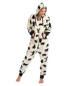 Hatley Damen Hooded Fuzzy Fleece Black Bear Family Jumpuits Onesie, White (Adult Jumpsuit - Black Bears On Natural ), L EU von Hatley