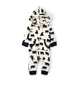 Hatley Damen Kapuzen-Jumpuits aus flauschigem Fleece, Familie Onesie, Weiß (Overall für Kleinkinder, Schwarze Bären auf Natur), XXXXX-Small (Size: 3-6 Months) von Hatley