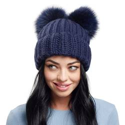 2 Pom Beanie Damen Strickmütze Warme Wintermütze Fleece Gefüttert, dunkelblau, XL von Hats&Cats