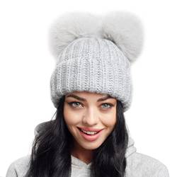 2 Pom Beanie Damen Strickmütze Warme Wintermütze Fleece Gefüttert, hellgrau, XL von Hats&Cats