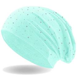 Damen Beanie Mütze | mit edler Strass Nieten Applikation | Mädchen Mütze | elastisches Slouch Long Beanie | leicht und weich (Mint) von Hatstar