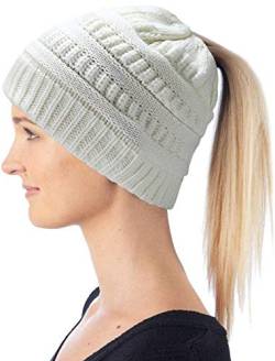 Hatstar Damen Beanie Mütze mit Zopfloch | Strickmütze für Pferdeschwanz | Ponytail Beanie gestrickte Mädchen Wintermütze | weich & warm (weiß) von Hatstar