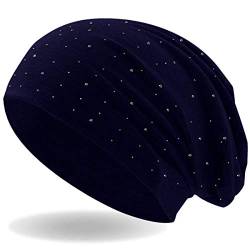 Hatstar Damen Beanie Mütze | mit edler Strass Nieten Applikation | Mädchen Mütze | elastisches Slouch Long Beanie | leicht und weich (Navy) von Hatstar