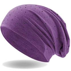 Hatstar Damen Beanie Mütze | mit edler Strass Nieten Applikation | Mädchen Mütze | elastisches Slouch Long Beanie | leicht und weich (lila meliert) von Hatstar