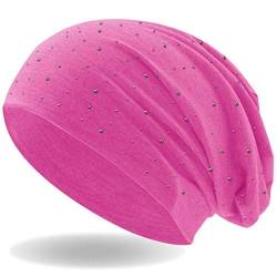 Hatstar Damen Beanie Mütze | mit edler Strass Nieten Applikation | Mädchen Mütze | elastisches Slouch Long Beanie | leicht und weich (neon pink) von Hatstar