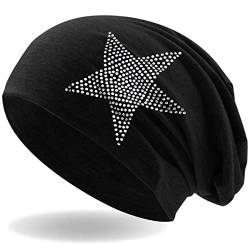 Hatstar Strass Stern Damen Beanie Mütze | elastisches Slouch Long Beanie | Mädchen Mütze | mit edler Strass Applikation | leicht und weich (1 schwarz) von Hatstar