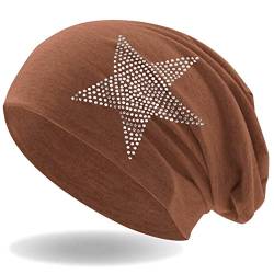 Hatstar Strass Stern Damen Beanie Mütze | elastisches Slouch Long Beanie | Mädchen Mütze | mit edler Strass Applikation | leicht und weich (Hellbraun) von Hatstar